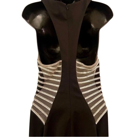 La Femme Sleeveless Mesh Cut Out Crystal Sides Full Length Black Mermaid Dress 8 - Picture 8 of 16